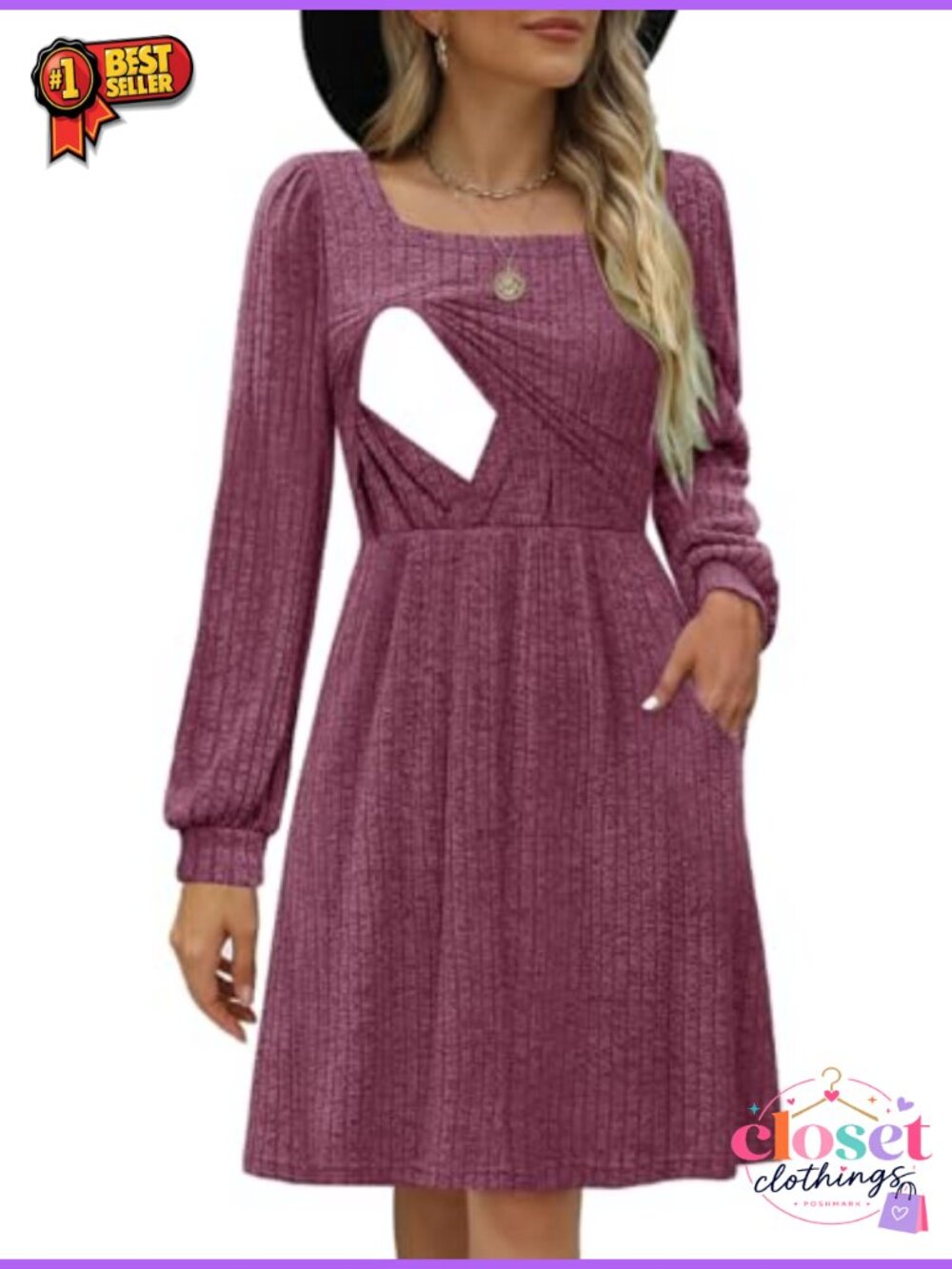 Nursing Sweater Dress Square Neck Knit Maternity Knee Length with Pockets